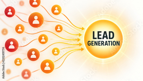 Orange and yellow customer icons connect through curved arrows to a glowing lead generation circle, illustrating customer acquisition and marketing.