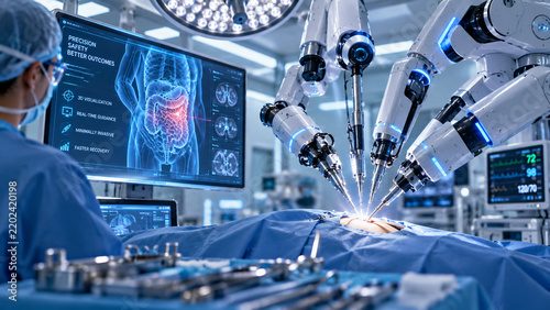 Robotic surgical arms performing a high precision medical procedure in a modern operating room with advanced digital imaging technology