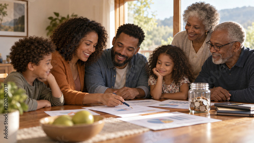 A smiling multigenerational family gathers around a wooden table with financial charts and a jar of coins, illustrating household budgeting and saving together.