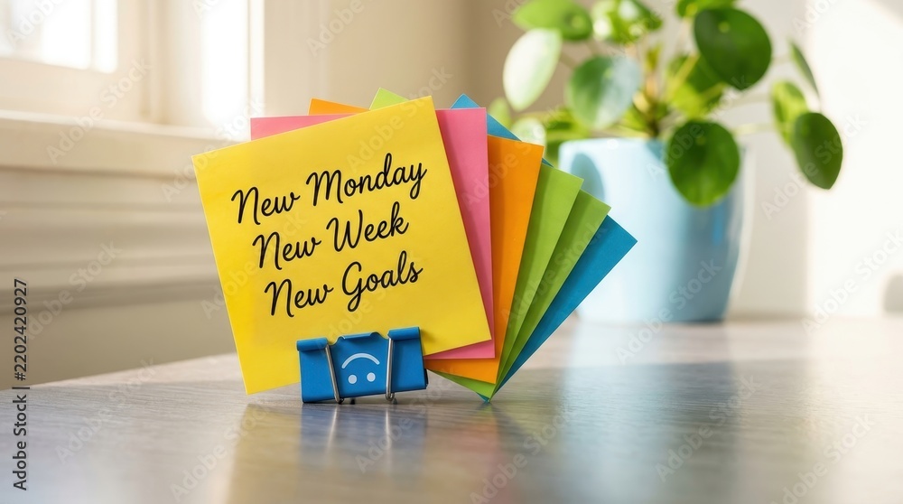 Obraz premium New Monday New Week New Goals Motivational Message on Colorful Sticky Notes on a Desk with a Plant Background