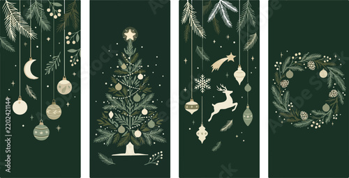 Set of four vertical christmas banners featuring a decorated tree wreath and hanging ornaments on dark background