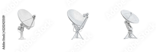 White satellite dish antenna array isolated on white background, space communication technology, radar station equipment, telecommunications dish PNG graphic asset   