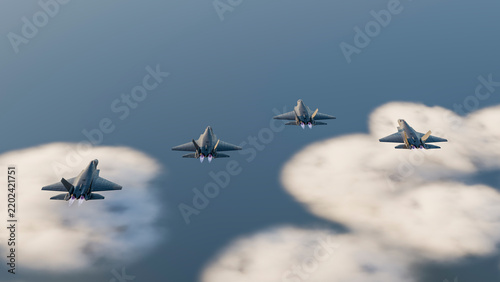 Fighter jets flying in formation with afterburners active above clouds
