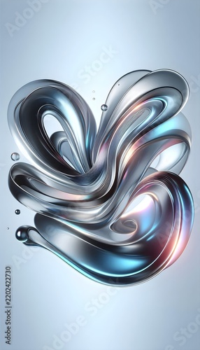 Sleek chrome liquid forms a swirling sculpture on a light blue studio background