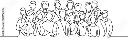 Continuous line drawing of a diverse group of people standing together as a team