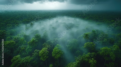 Dense Tropical Rainforest With Heavy Rain Clouds And Ethereal Mist Under Dark Stormy Skies