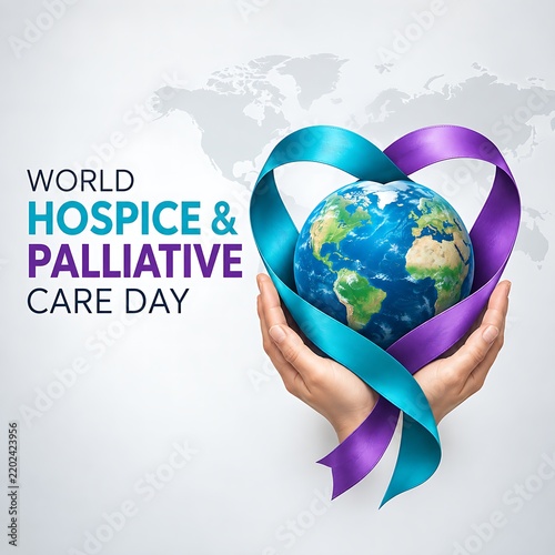 Hands holding globe with heart ribbon for hospice care day