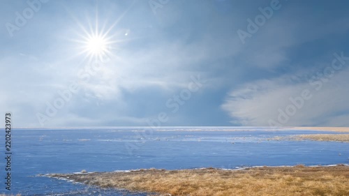 frozen small river among prairieat sunny winter day time lapse scene