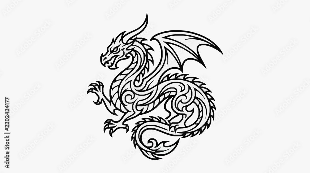 Fototapeta premium Elegant Dragon Symbol Artwork with Intricate Line Design for Branding and Heraldry