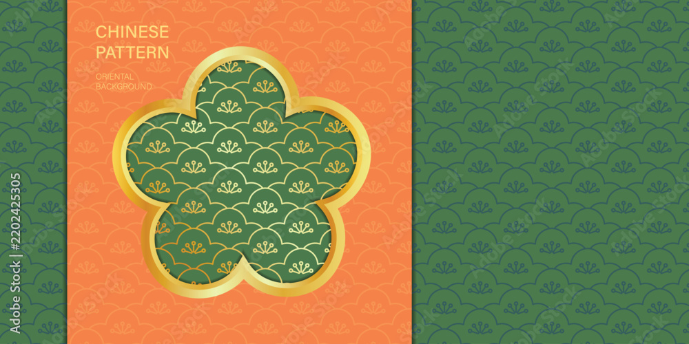 Obraz premium Chinese oriental vector seamless pattern background with green floral motifs, orange panel, gold flower frame and traditional Asian ornament