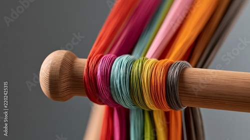 Local Flavor craft photo: a traditional wooden weaving loom with bright colorful threads stretched across it, on a solid warm grey workshop wall.