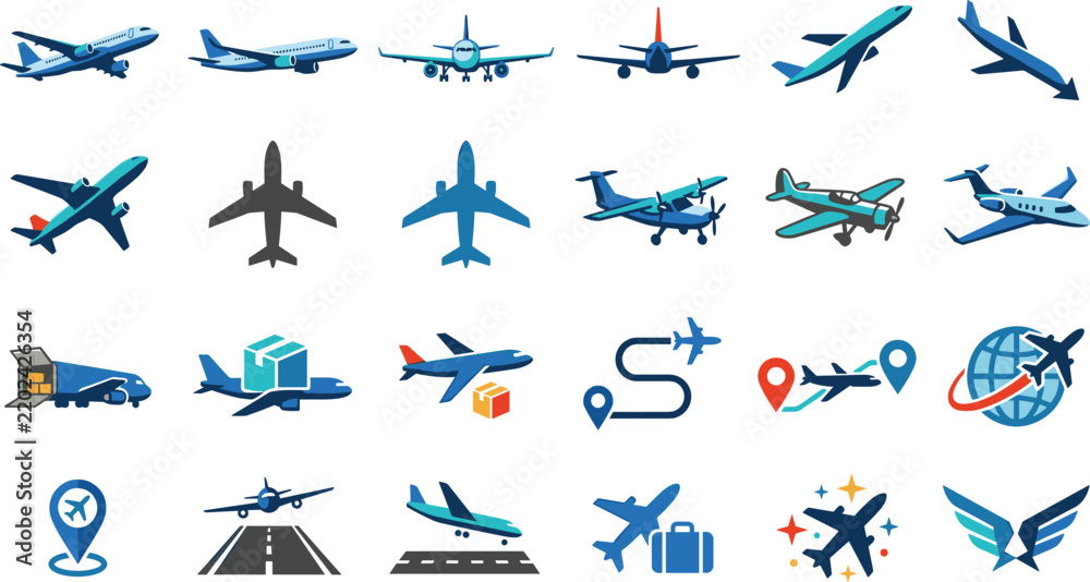Fototapeta premium Commercial aviation transport and global air cargo logistics flat vector icons set with airplane flight routes airport runway and parcel delivery illustrations