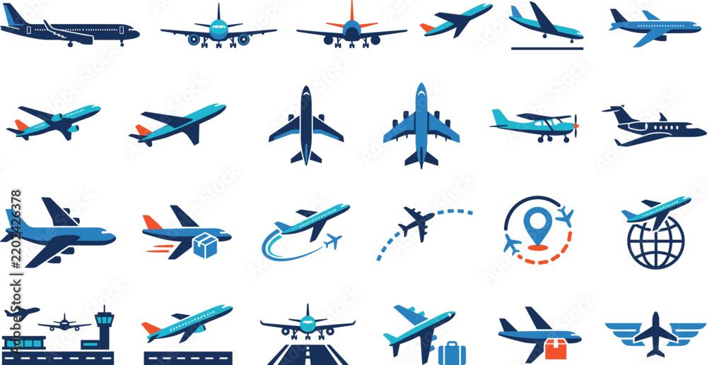 Fototapeta premium Commercial aviation transport and global air cargo logistics flat vector icons set with airplane flight routes airport terminal and parcel delivery illustrations