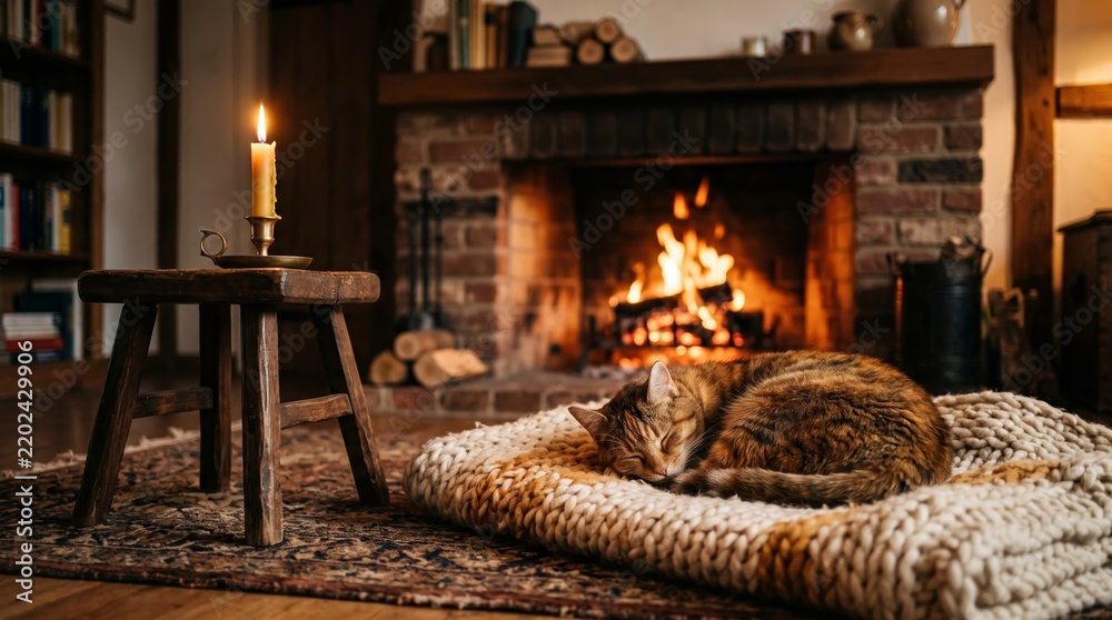 Obraz premium A ginger cat sleeps on a knitted blanket by a roaring fireplace, with a candle on a stool nearby. Concept of warmth, relaxation, and home comfort, ideal for lifestyle and interior designs. Generative