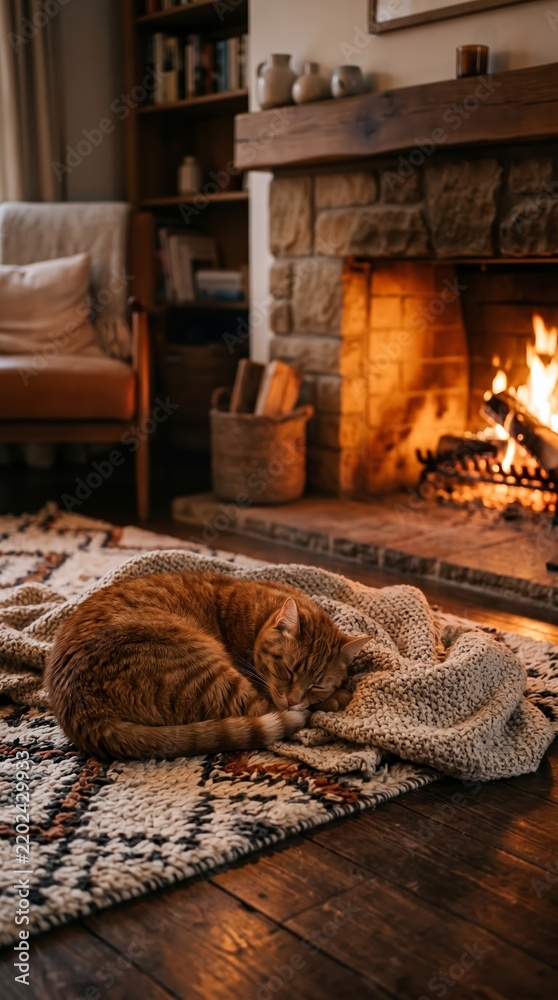 Naklejka premium A ginger cat sleeps on a knitted blanket by a roaring fireplace, with a candle on a stool nearby. Concept of warmth, relaxation, and home comfort, ideal for lifestyle and interior designs. Generative
