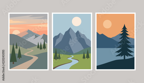 Minimalist nature landscape poster set flat vector illustration of mountains, pine trees, river and lake