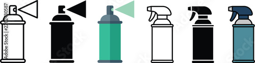 Pest control spray vector illustration set. Line art, minimalist pictogram, and colorful flat style icons of agricultural insecticide tanks and chemical bug sprayers.
