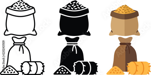 Livestock feed vector illustration set. Line art, minimalist pictogram, and colorful flat style icons of animal forage sacks, hay bales, and agriculture grains.
