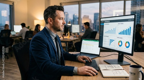 Businessman working on a computer analyzing financial charts and data on a monitor in a modern office.