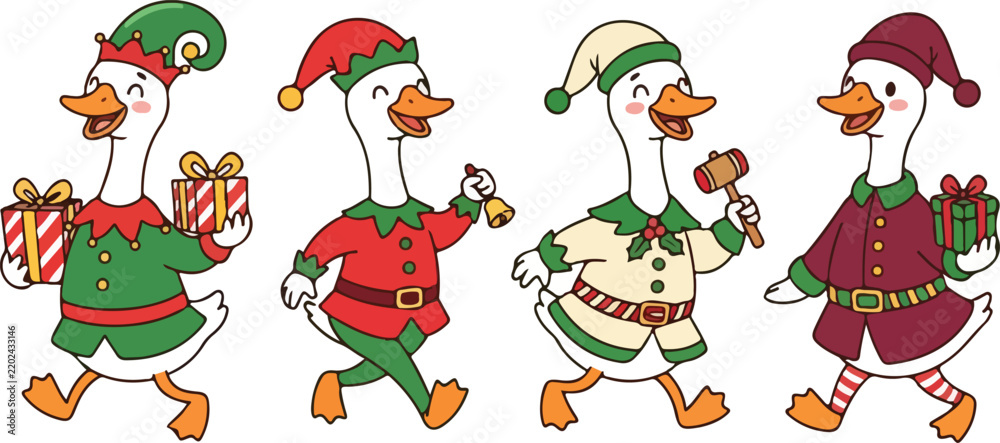 Naklejka premium Four cute cartoon geese dressed as christmas elves holding holiday presents and candy isolated on white background