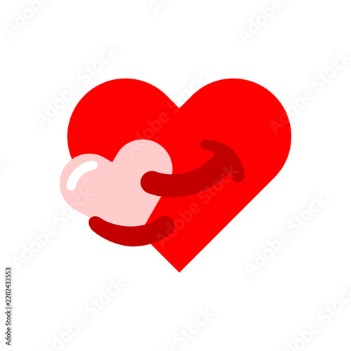 Cute heart hugging love icon flat vector design