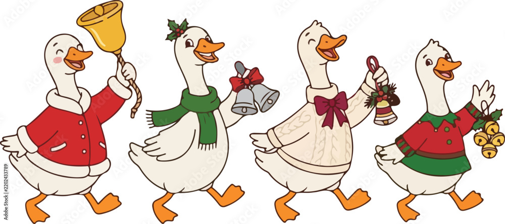 Naklejka premium A festive illustration featuring four cute white geese wearing holiday sweaters and carrying various christmas themed decorations