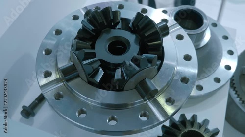 Samples of new truck differentials are on display at the exhibition. Closeup. Shot in motion