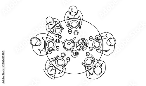 Family Group Dinner Top View Continuous One Line Dining Vector Illustration