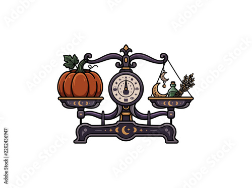Mystical Autumn Balance Scale Weighing Natural Harvest Elements