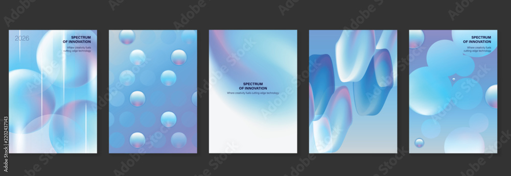 Obraz premium Abstract vector gradient poster collection with soft blue pastel spheres, fluid 3D shapes and clean modern cover templates