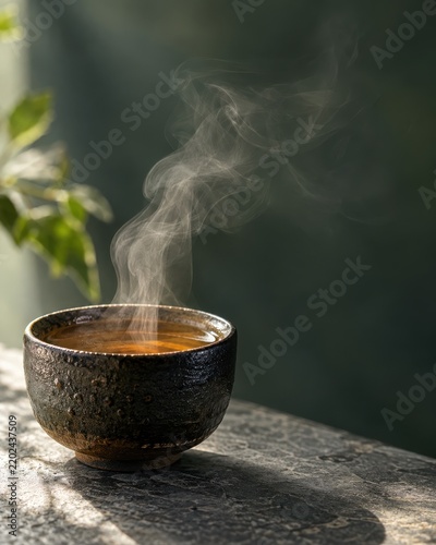Hot tea steaming in rustic ceramic teacup on dark table