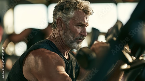 Mature fit man with gray hair training with weights at gym for strength and fitness lifestyle