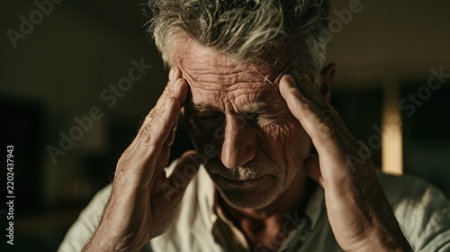 Senior man in distress, pressing his hands to his temples with closed eyes, showing a pained expression and deep wrinkles.
