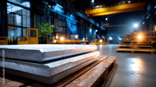 Stacked metal sheets on pallet inside night shift warehouse for transport and industrial production background use
