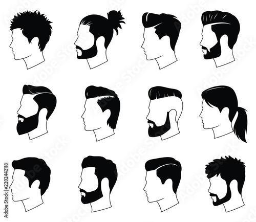 Set of twelve male head silhouettes featuring diverse trendy hairstyles and beard styles including knots, fades, and textured cuts on a white background, for barbershop branding