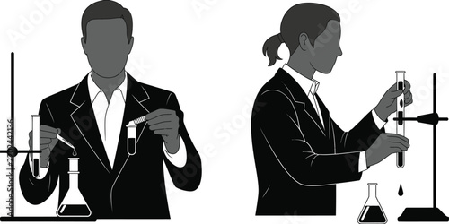 Silhouettes of a man and a woman in business suits conducting chemical experiments with laboratory glassware and test tubes on a white background, for science