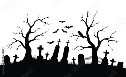 Spooky halloween graveyard silhouette with bare trees, tombstones, crosses, and flying bats, isolated on a white background, dark horror theme for holiday