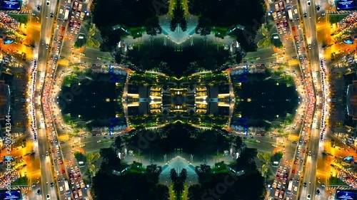 mirrored fractal cityscape skyline with symmetrical skyscraper geometry, abstract urban city architecture pattern with futuristic kaleidoscope reflection effect, technology background 4k