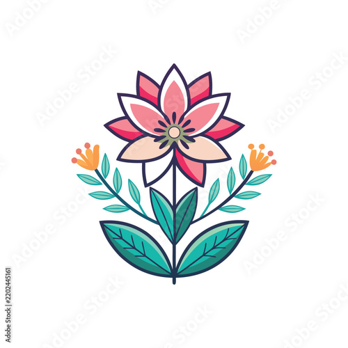 Stylized floral motif featuring a central pink flower with supporting foliage and smaller orange blooms