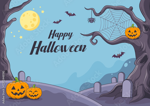 Cute Halloween Cartoon Background with Pumpkins and Trees, Hand Drawn Illustration with Copy Space for Text, Education, Advertising, Posters and Creative Design