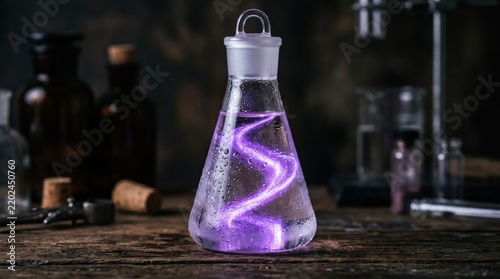 Glowing purple alchemical potion inside a glass flask on a wooden table. Dark laboratory setting with mystical witchcraft atmosphere.