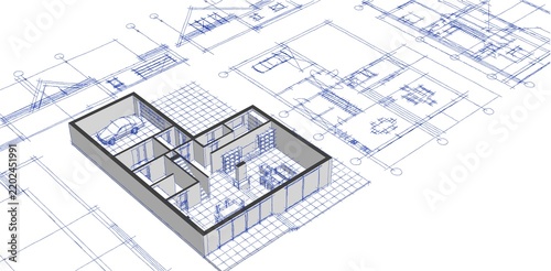 3D illustration of a house plan with an attic