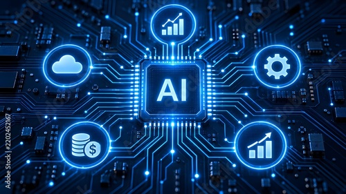 Fototapeta kuchenna Artificial intelligence central microchip processing cloud computing financial data and business analytics algorithms