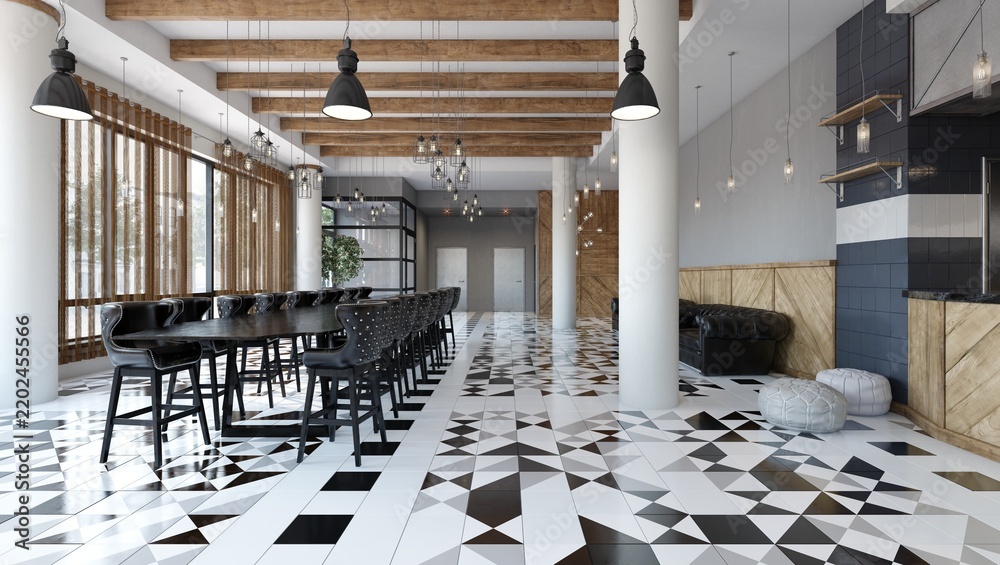 Obraz premium 3D render of an industrial restaurant interior featuring a long communal table, black chairs, and geometric floor tiles.