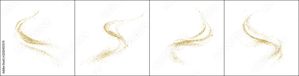 Fototapeta premium Flowing gold glitter dust trails set isolated on white background. Golden sparkle wave elements for design