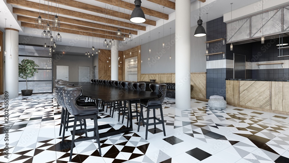 Obraz premium 3D render of an industrial restaurant interior with a long communal table, black leather stools, and geometric floor.