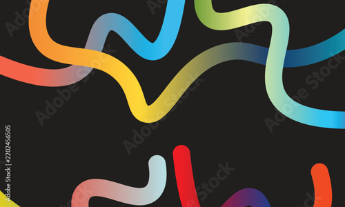 Vibrant color gradient curved thick flowing lines. Black background. Vector illustration.