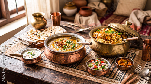 Traditional South Asian feast featuring beef haleem and biryani served in copper bowls on a rustic table