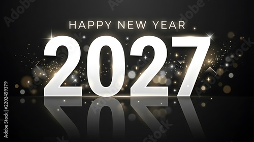 Happy New Year 2027 text with glowing sparkles on a dark reflective background