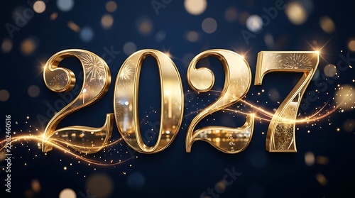 Gold 2027 numbers on a dark blue background with festive bokeh light effects
